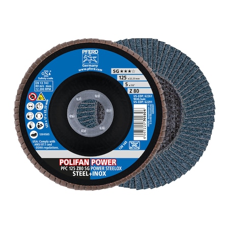 Pferd 5" x 7/8" A.H. POLIFAN Flap Disc - Z SG POWER STEELOX, Zirconia, 80 Grit, Conical 62261